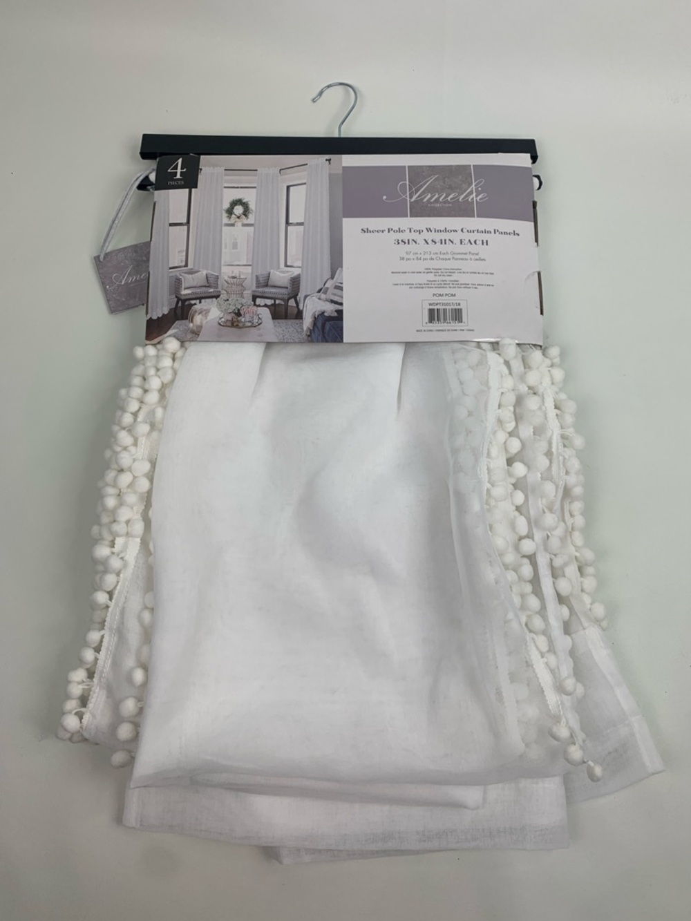 Ameile White Sheer Pole Top Window Curtain Panels with Pom Trim 38x84 New NWT